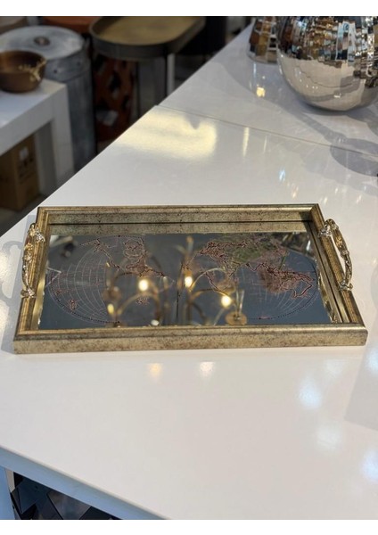 Altın Eskitme Harita Desen Dikdörtgen Tepsi 45X30CM