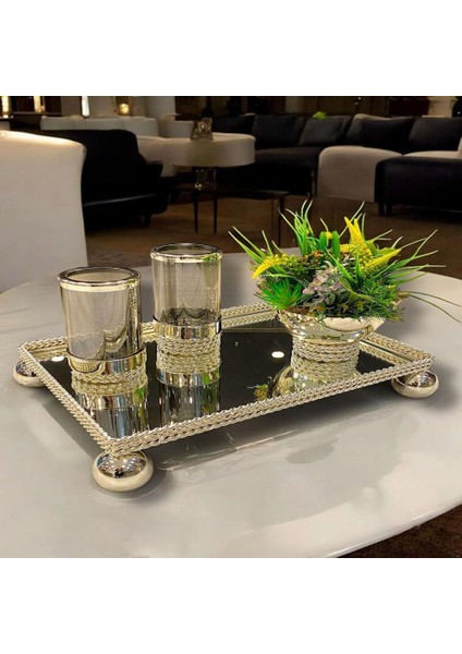 Gümüş Top Ayaklı 4 Parça Dikdörtgen Jardinyer Set