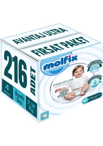 Premium Bebek Bezi Beden: 4 (7- 14KG) Maxi 216 Adet Avantaj Ultra Fırsat Pk