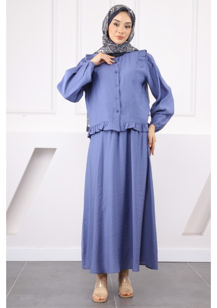 İndigo Fırfırlı Gömlek Etekli Takım