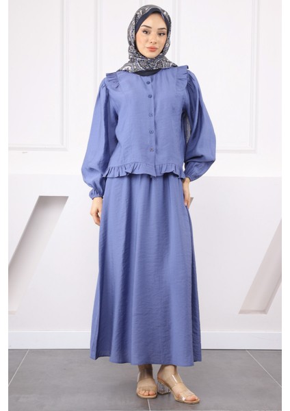 İndigo Fırfırlı Gömlek Etekli Takım fiyatları