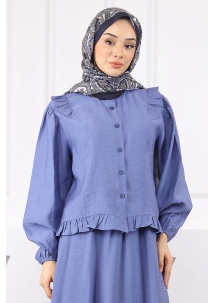 İndigo Fırfırlı Gömlek Etekli Takım fırsatları