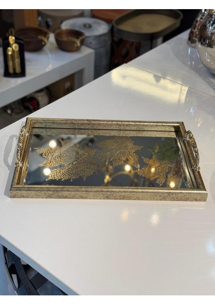 Altın Eskitme Yaprak Desen Dikdörtgen Tepsi 40X25CM