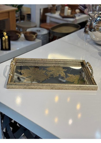 Altın Eskitme Yaprak Desen Dikdörtgen Tepsi 40X25CM fiyatları