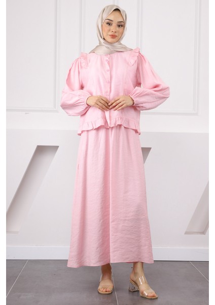 Pembe Fırfırlı Gömlek Etekli Takım