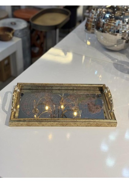 Altın Eskitme Harita Desen Dikdörtgen Tepsi 40X25CM fiyatları