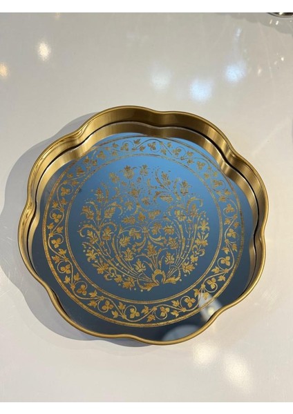 Altın Eskitme Işleme Desen Yuvarlak Tepsi 36CM