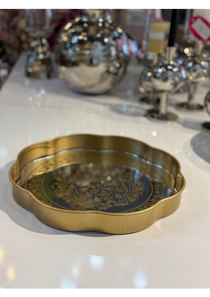Altın Eskitme Işleme Desen Yuvarlak Tepsi 36CM fiyatları