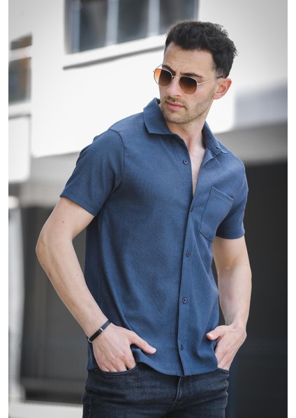 Theo Slim Fit Esnek Likralı Kısa Kol Ayaklı Yaka Erkek Gömlek