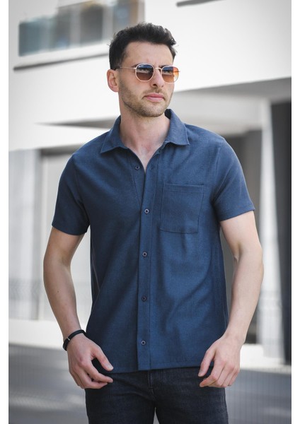 Theo Slim Fit Esnek Likralı Kısa Kol Ayaklı Yaka Erkek Gömlek modelleri