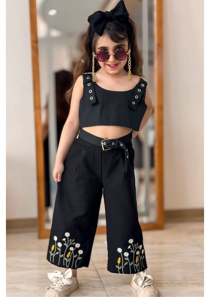 Kuşgözü Detaylı Papatya Işlemeli Kız çocuk takım - Siyah