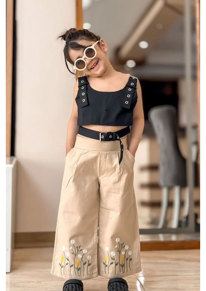 Kuşgözü Detaylı Papatya Işlemeli Kız çocuk takım - Bej