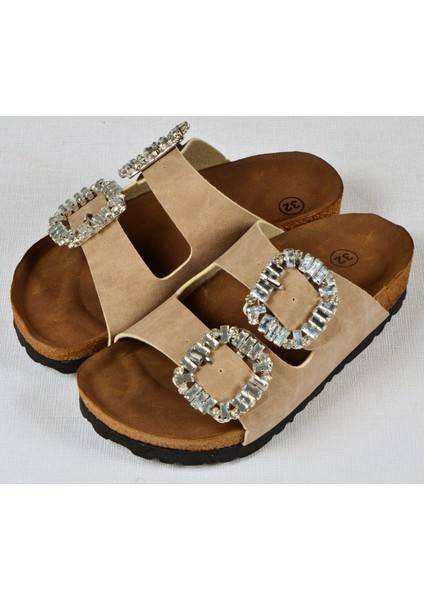 Kız Çocuk Mantar Tabanlı Çift Tokalı Ortopedik Birkeen Arizona Taşlı Terlik