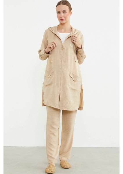 Büyük Beden Keten Görünümlü Bej Kadın Üçlü Takım modelleri