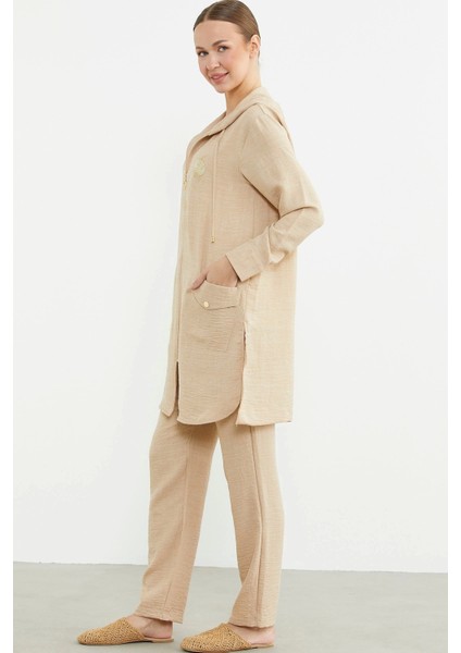 Büyük Beden Keten Görünümlü Bej Kadın Üçlü Takım fırsatları