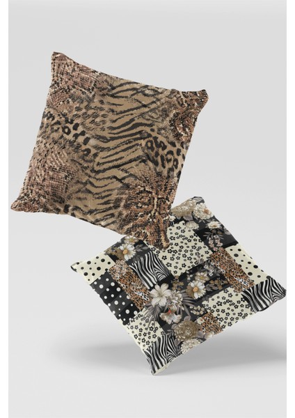 Kahverengi Siyah Leopar Zebra Desenli 2'li Kırlent Kılıfı Seti