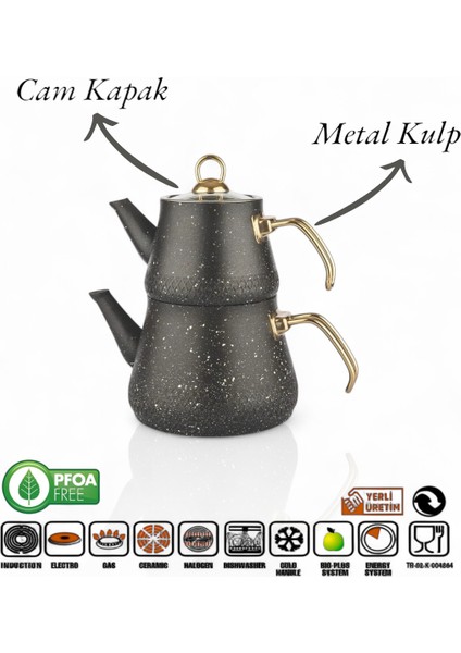 Granit Kaplama Gold Kulplu Cam Kapak Çaydanlık