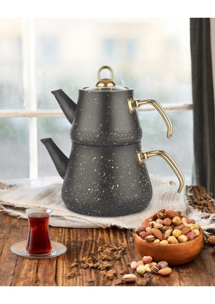 Granit Kaplama Gold Kulplu Cam Kapak Çaydanlık