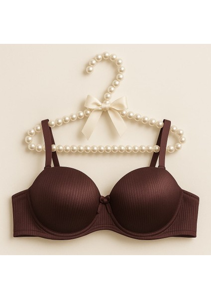 Çizgili Saten Işıltısı Destekli B Cup Push-Up Straplez Sütyen