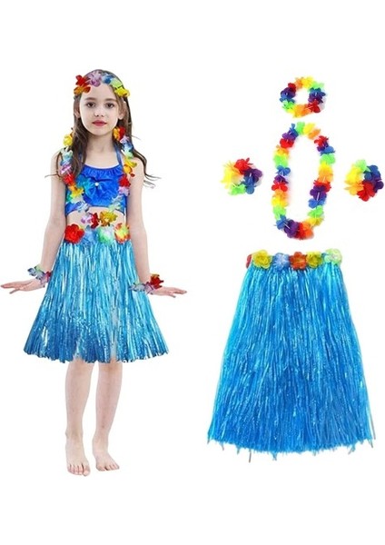 Yetişkin ve Çocuk Uyumlu Hawaii Luau Aloha Mavi Püsküllü Etek Kolye Taç ve 2 Adet Bileklik Seti