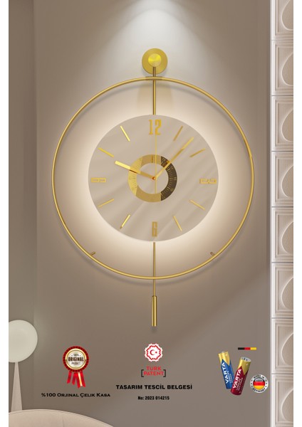 (Büyük Boy-50*75 cm)Kadran Iskandinav Kristal Gold(Kırılmaz Göbek)(Led Için 3ADET Pil Gelmektedir)Metal Duvar Saati