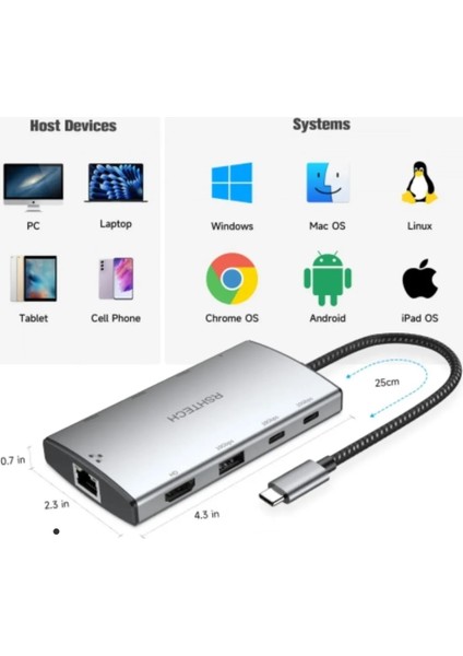 Macbook Uyumlu 4K Hdmı, 10 Gbps USB A ve C, 3 USB 5 Gbps, Pd 100W Şarj Gigabit Ethernet Bağlantı Aluminyum