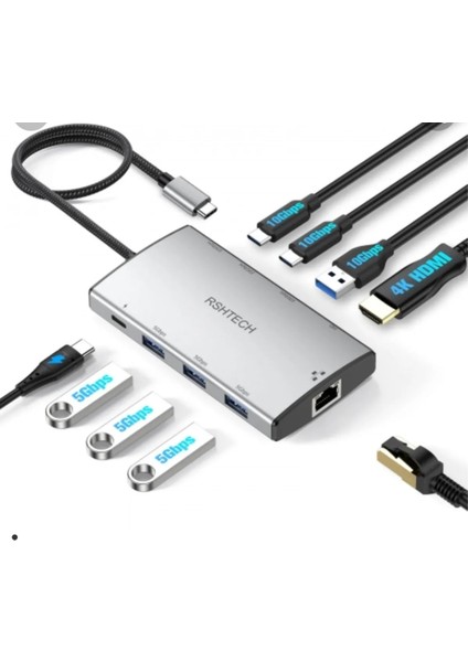 Macbook Uyumlu 4K Hdmı, 10 Gbps USB A ve C, 3 USB 5 Gbps, Pd 100W Şarj Gigabit Ethernet Bağlantı Aluminyum