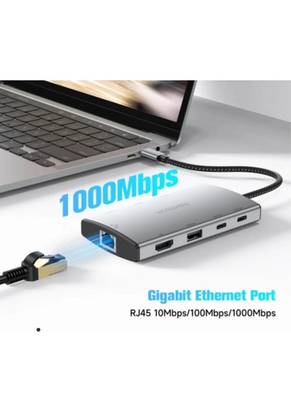 Macbook Uyumlu 4K Hdmı, 10 Gbps USB A ve C, 3 USB 5 Gbps, Pd 100W Şarj Gigabit Ethernet Bağlantı Aluminyum