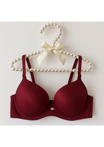 Çizgili Saten Işıltısı Koyu Bordo B Cup Push-Up Straplez Sütyen