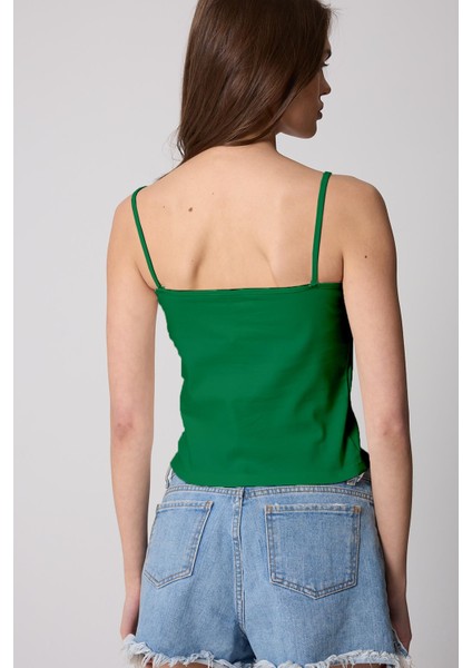 Yeşil Kadın Ince Ip Askılı Basic Crop Atlet -2466