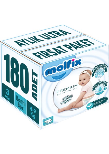 Premium Bebek Bezi Beden: 3 (4- 9kg) Midi 180 Adet Aylık Ultra Fırsat Pk