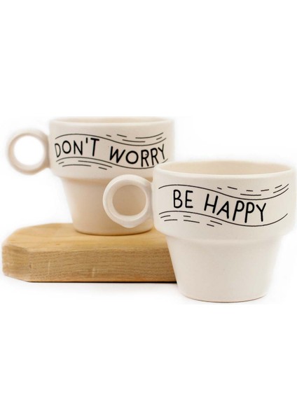Don't Worry Be Happy 😄 2'li Espresso Bardak Seti - Hediye Seramik Fincan