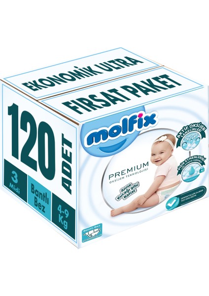 Premium Bebek Bezi Beden: 3 (4- 9kg) Midi 120 Adet Ekonomik Ultra Fırsat Pk