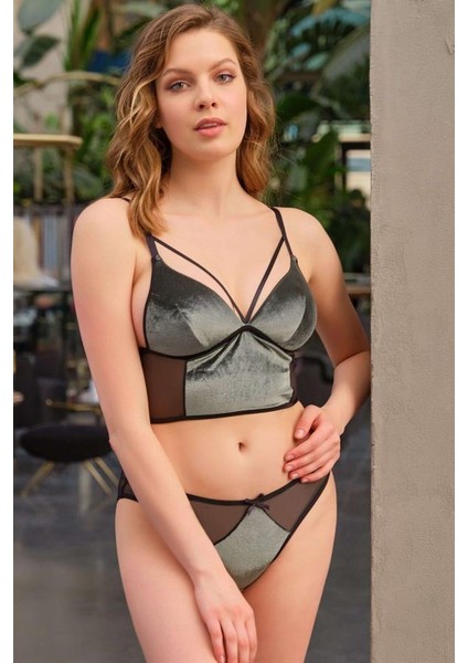 Kadın Kadife Balensiz Desteksiz Dolgusuz Yaka Detaylı Bralet Sütyen ve Slip Takım (4214)