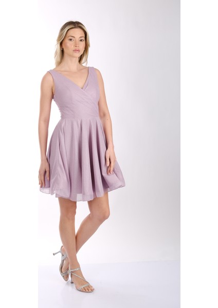 Kadın Geniş Askılı Simli Mini Abiye Elbise 22243012