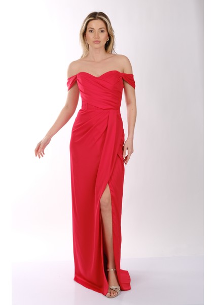 Düşük Omuz Kayık Yaka Drape Detaylı Saten Abiye Elbise Dori 00KB6062