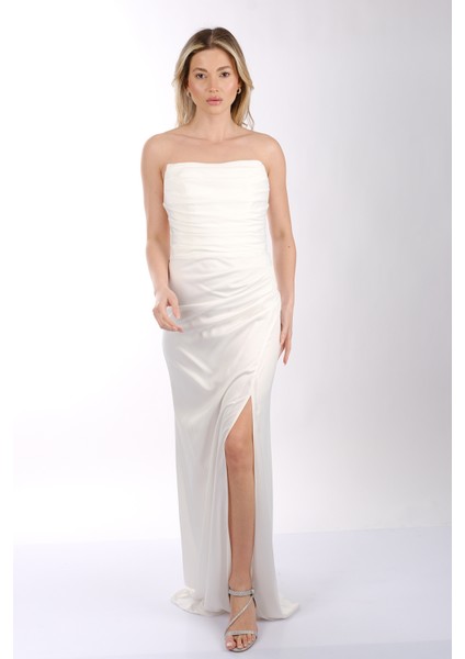 Drape Yaka Önden Yırtmaçlı Saten Abiye Elbise Dori 00KB7051