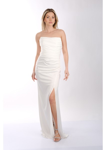 Drape Yaka Önden Yırtmaçlı Saten Abiye Elbise Dori 00KB7051 fiyatları