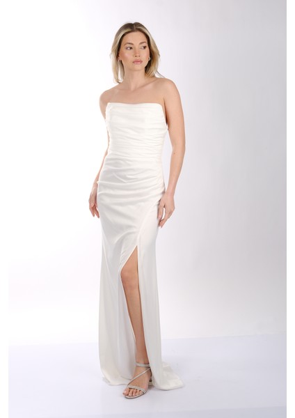Drape Yaka Önden Yırtmaçlı Saten Abiye Elbise Dori 00KB7051 modelleri