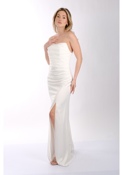 Drape Yaka Önden Yırtmaçlı Saten Abiye Elbise Dori 00KB7051 indirimleri