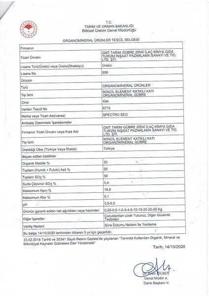 Spectro Seo Toprak Düzenleyici Organomineral Gübre| 25 kg Granül Form | Elementel Kükürt, Leonardit, Bentonit ve Jips Içerikli