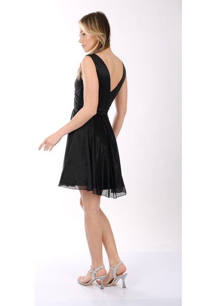 Kadın Geniş Askılı Simli Mini Abiye Elbise 22243012