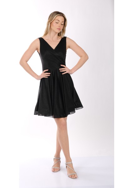 Kadın Geniş Askılı Simli Mini Abiye Elbise 22243012