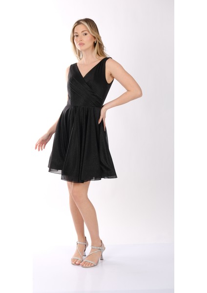 Kadın Geniş Askılı Simli Mini Abiye Elbise 22243012
