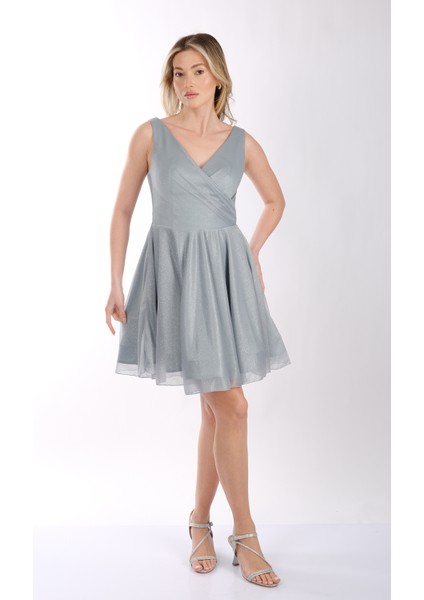 Kadın Geniş Askılı Simli Mini Abiye Elbise 22243012