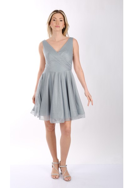 Kadın Geniş Askılı Simli Mini Abiye Elbise 22243012