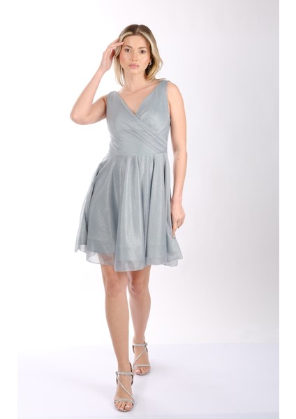 Kadın Geniş Askılı Simli Mini Abiye Elbise 22243012