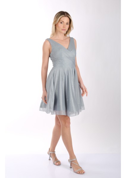 Kadın Geniş Askılı Simli Mini Abiye Elbise 22243012