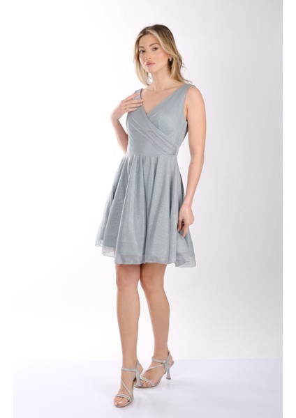 Kadın Geniş Askılı Simli Mini Abiye Elbise 22243012