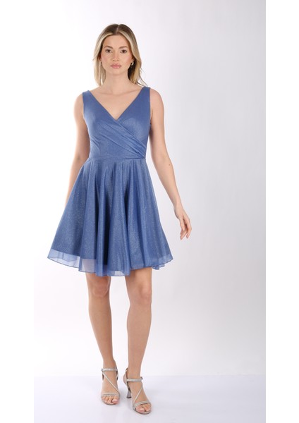 Kadın Geniş Askılı Simli Mini Abiye Elbise 22243012